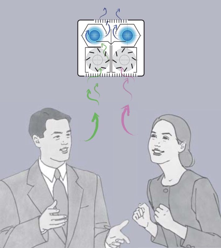 会話をする二人の飛沫が飛沫除菌ゲートのマシンに吸い込まれて除菌されるイラスト